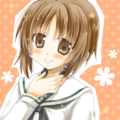 1girl, blush, brown_eyes, brown_hair, girls_und_panzer, kodou_mikoto, nishizumi_miho, short_hair