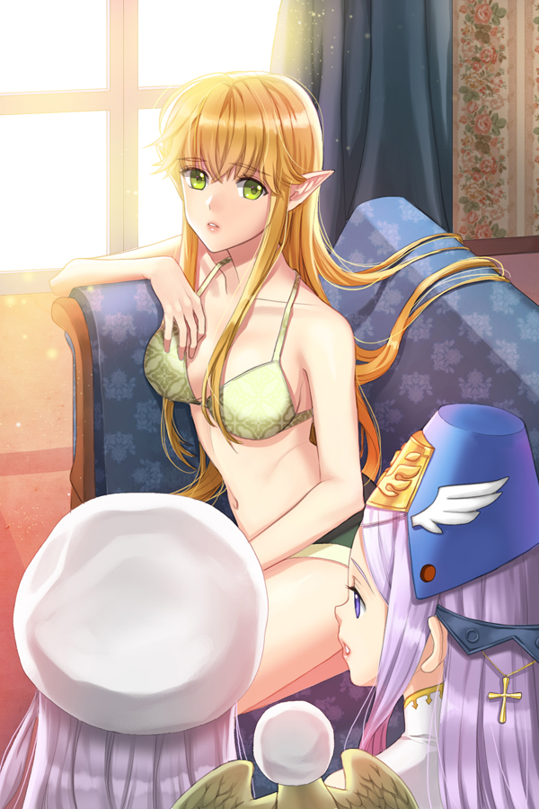3girls, bare_arms, bare_legs, bare_shoulders, bird, blonde_hair, bra, briska