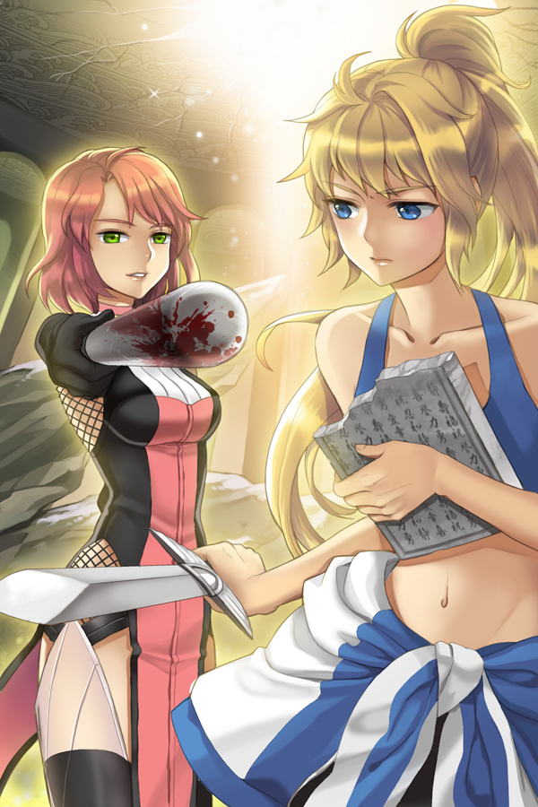 2girls, bat, black_legwear, blonde_hair, blood, blue_eyes, briska, collarbone