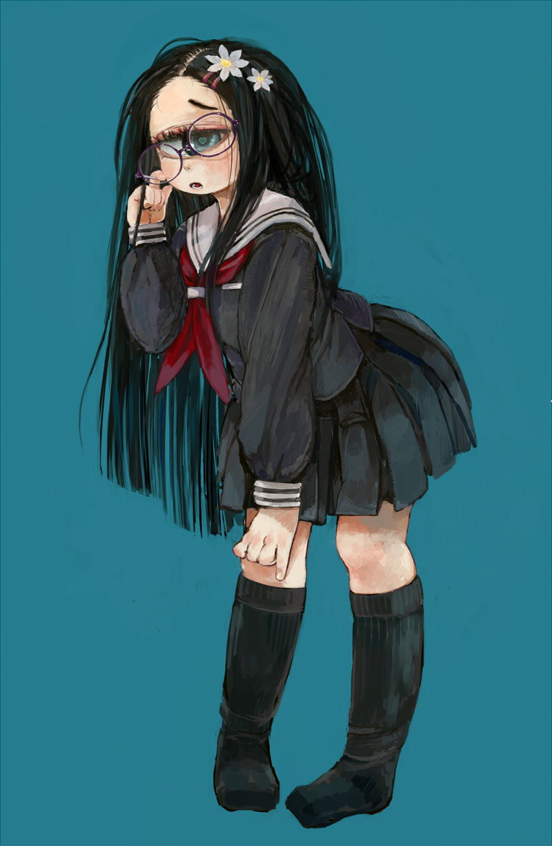 1girl, black_hair, cyclops, glasses, original, polo_(pixiv1844541), school_uniform, skirt, solo