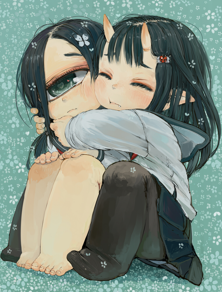 2girls, black_hair, cyclops, horns, hug, multiple_girls, oni, original