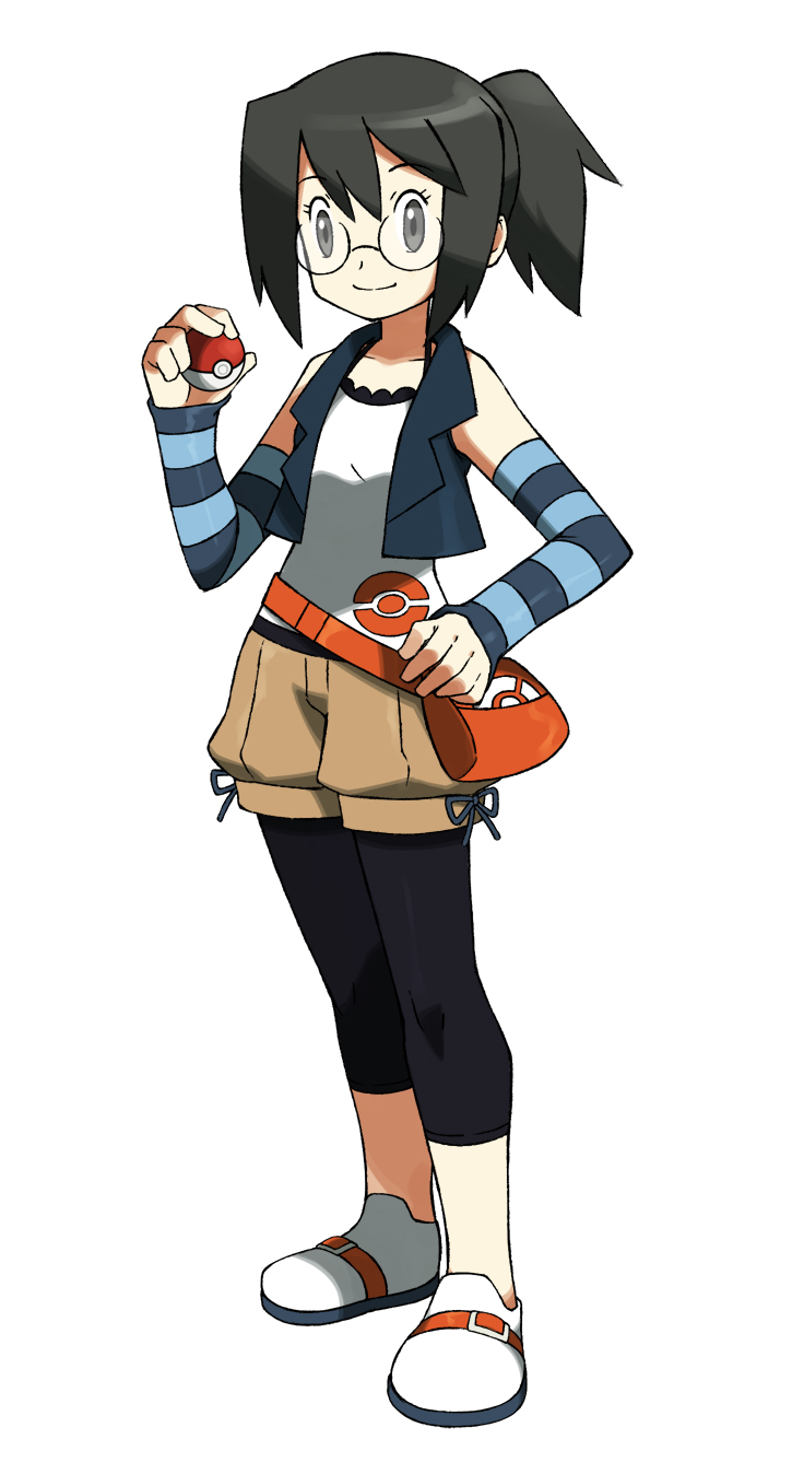 1girl, artist_self-insert, bare_shoulders, black_eyes, black_hair, detached_sleeves, fictional_persona, glasses, hand_on_hip, kei-chan_(atlas_kei), leggings, pixiv_trainer, poke_ball, pokemon, short_ponytail, shorts, simple_background, smile, solo, standing, striped, tagme, white_background