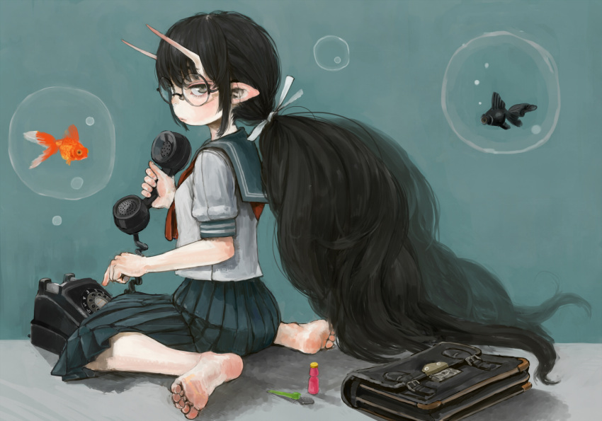 1girl, barefoot, feet, fish, glasses, goldfish, horns, long_hair