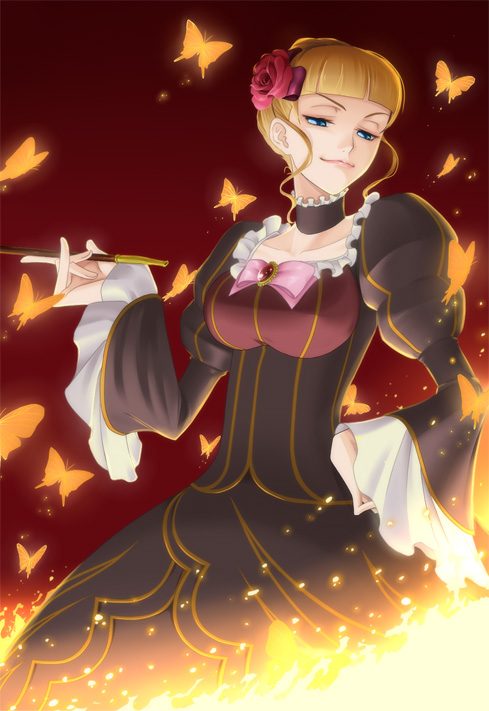 beatrice, blonde_hair, blue_eyes, bow, butterfly, choker, frills, gown
