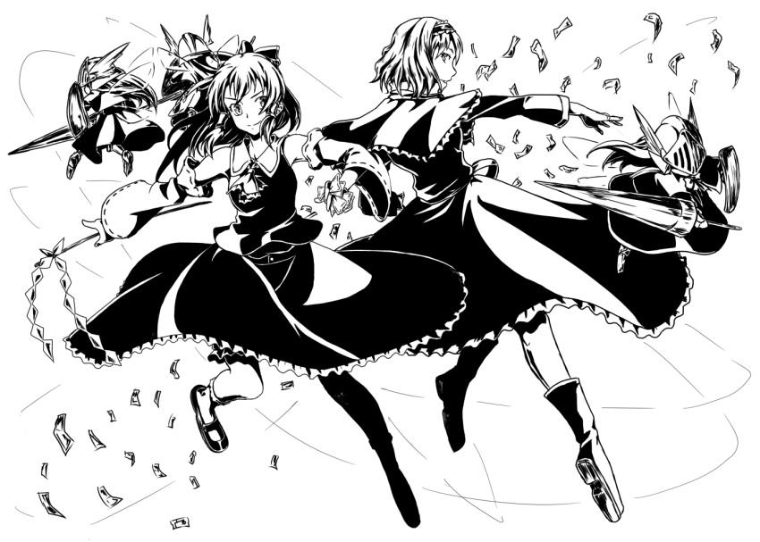 2girls, alice_margatroid, ascot, bow, capelet, detached_sleeves, hair_bow, hair_tubes