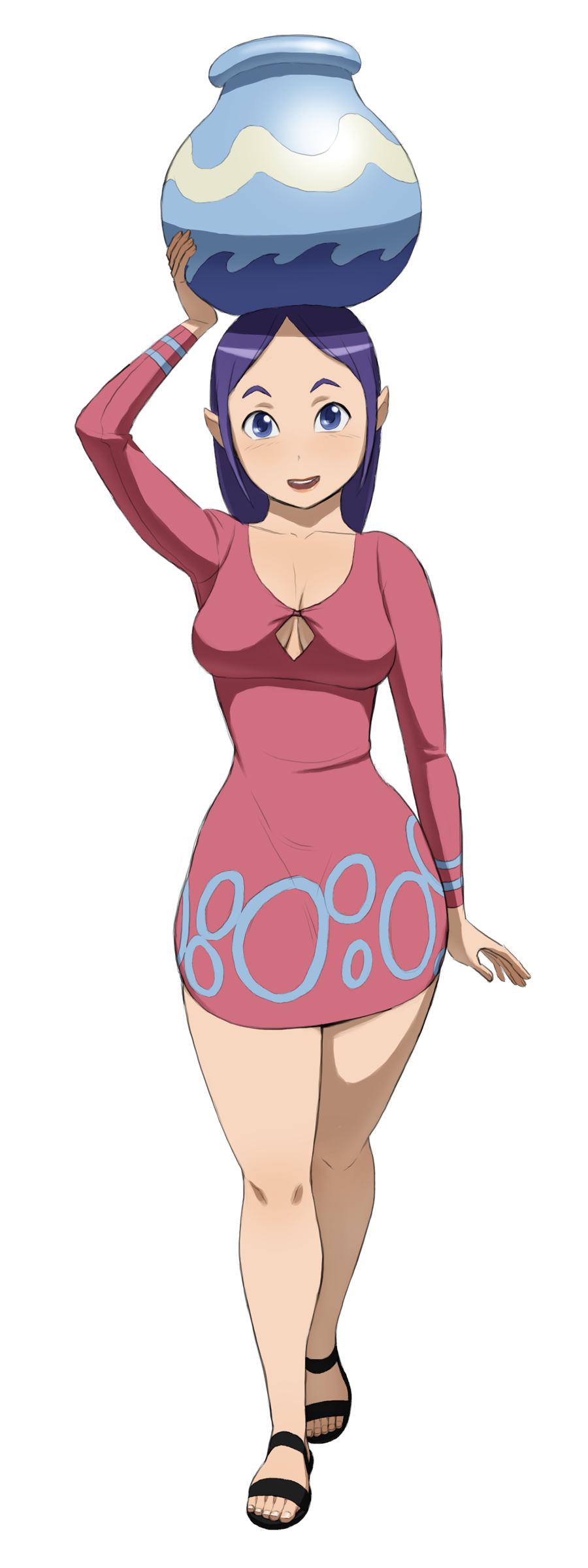 1girl, adult, balancing_on_head, bangs, bare_legs, barefoot_sandals, blue_eyes, blush, breasts, carrying, cleavage, cleavage_cutout, dress, highres, large_breasts, long_hair, nikcesco, parted_bangs, pointy_ears, pot, purple_hair, slender_waist, smile, sue-belle, the_legend_of_zelda, toes, transparent_background, wind_waker