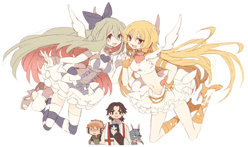 2boys, 2girls, blonde_hair, brief_(psg), brief_(psg)_(cosplay), brown_hair, chuck_(psg), cosplay, emiya_shirou, enkidu_(fate/strange_fake), fang, fate/stay_night, fate/strange_fake, fate_(series), garterbelt_(psg), garterbelt_(psg)_(cosplay), gilgamesh, green_eyes, green_hair, guilty, kotomine_kirei, long_hair, midriff, multiple_boys, multiple_girls, orange_hair, panty_&amp;_stocking_with_garterbelt, panty_(psg), panty_(psg)_(cosplay), parody, priest, red_eyes, stocking_(psg), stocking_(psg)_(cosplay), striped, striped_legwear, thigh-highs