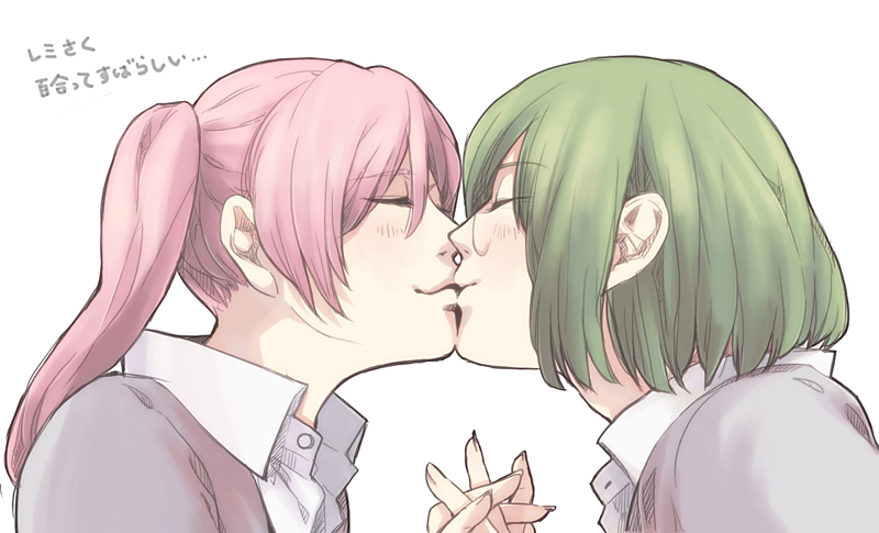 2girls, ayasaki_remi, blush, closed_eyes, glasses, green_hair, hori-san_to_miyamura-kun, kiss