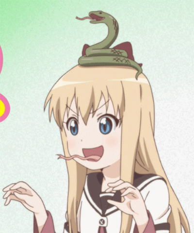 >:d, 1girl, :d, animal_on_head, animated, animated_gif, blonde_hair, blue_eyes, bow, forked_tongue, hair_bow, hands_up, long_hair, lowres, open_mouth, school_uniform, screencap, serafuku, slit_pupils, smile, snake, solo, tongue, tongue_out, toshinou_kyouko, yuru_yuri