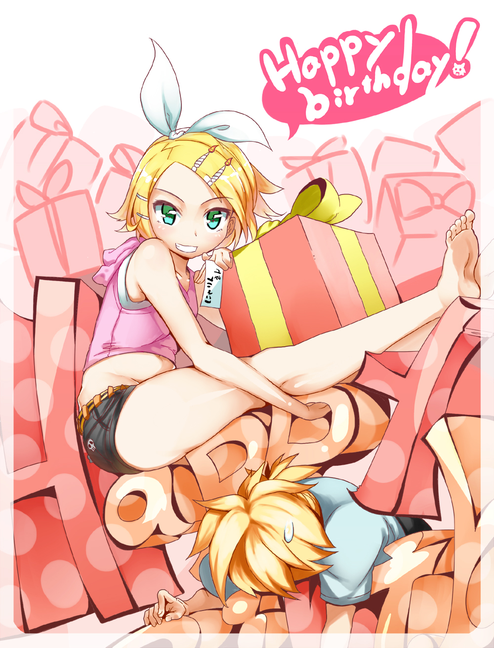 1boy, 1girl, blonde_hair, crushed, gift, green_eyes, grin, hair_ornament