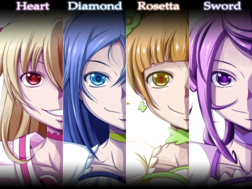 4girls, aida_mana, blonde_hair, blue_eyes, blue_hair, brown_eyes, column_lineup, cure_diamond