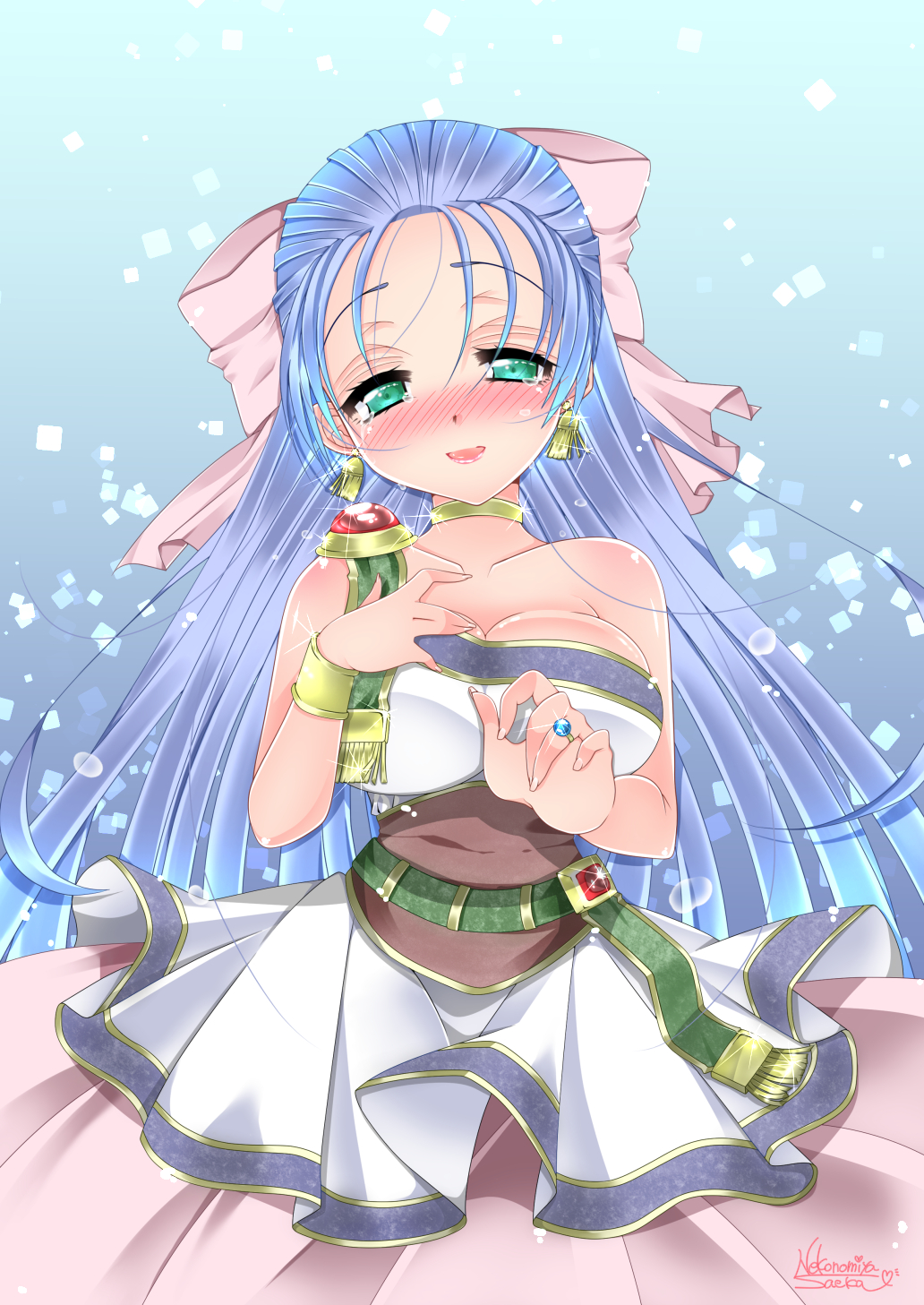 blue_hair, bracelet, choker, dragon_quest, dragon_quest_v, dress, earrings, emerald_eyes
