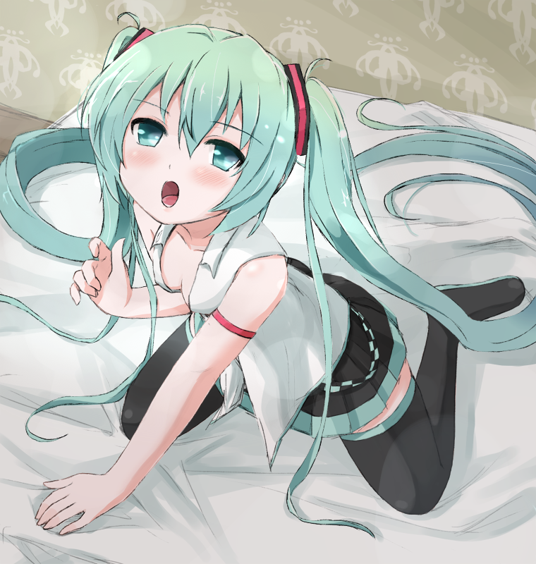 1girl, boots, green_eyes, green_hair, hatsune_miku, long_hair, open_mouth, sattsu, skirt, solo, thigh-highs, thigh_boots, twintails, very_long_hair, vocaloid