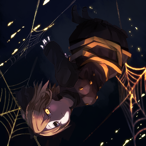 1girl, blonde_hair, bow, hair_bow, hair_bun, heterochromia, kurodani_yamame, long_sleeves