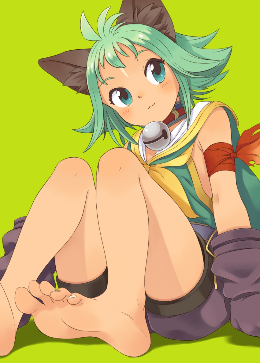 1girl, :3, animal_ears, barefoot, bell, cat_ears, choker, feet
