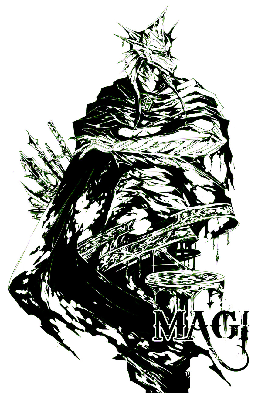 1boy, anyueh, armor, cape, drakon, magi_the_labyrinth_of_magic, male, monochrome