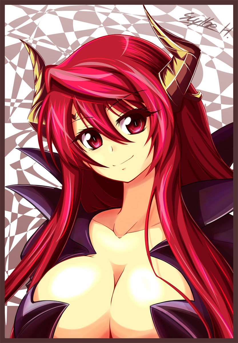 1girl, breasts, cleavage, horns, large_breasts, long_hair, maou_(maoyuu), maoyuu_maou_yuusha
