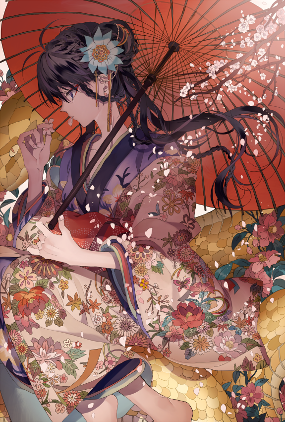 1girl, 2013, black_eyes, black_hair, flower, hair_flower, hair_ornament, japanese_clothes