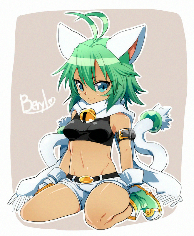 1girl, animal_ears, antenna_hair, bell, belt, beryl_(shinrabanshou), blue_eyes, boots