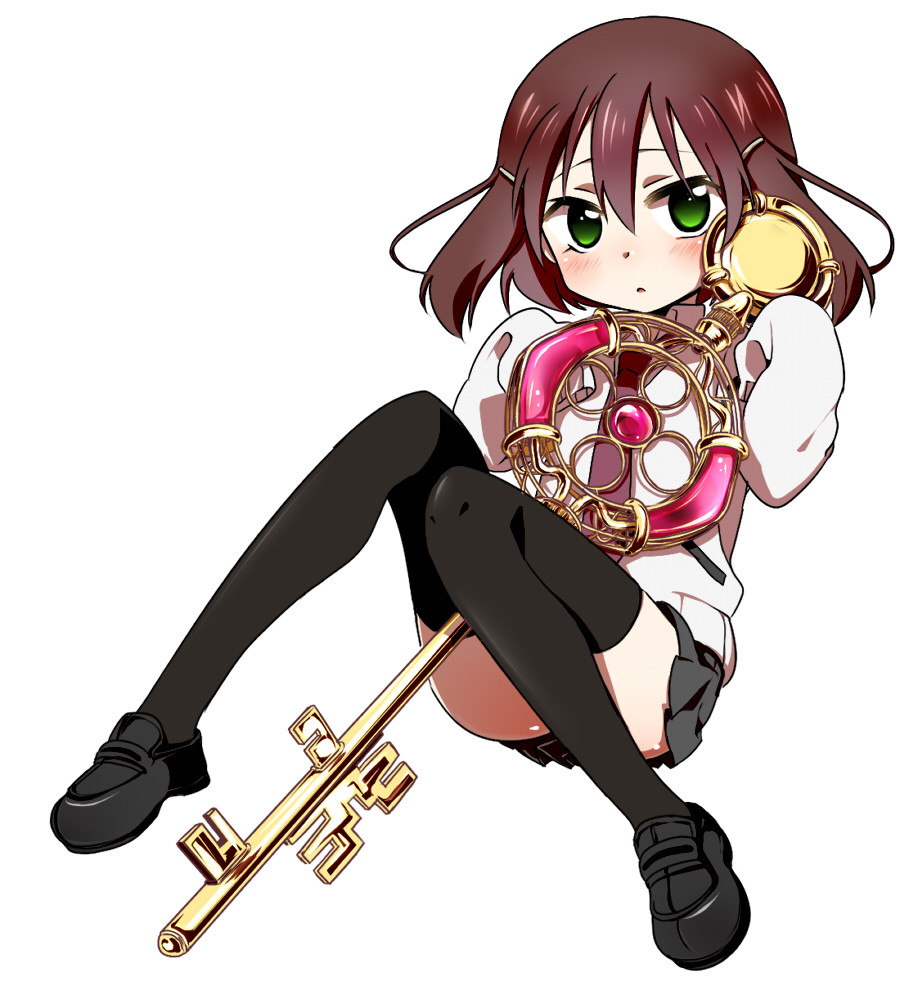 1girl, black_legwear, blush, brown_hair, green_eyes, hair_ornament, hairclip, key, loafers, long_sleeves, looking_at_viewer, maio_(minnairu), miniskirt, necktie, pleated_skirt, saki, saki_achiga-hen, school_uniform, shoes, sitting, skirt, solo, thigh-highs, tsuruta_himeko, white_background