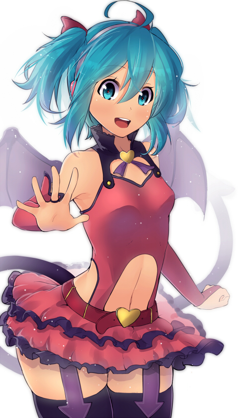 1girl, ahoge, alternate_hair_length, alternate_hairstyle, aqua_eyes, aqua_hair, bare_shoulders, bat_wings