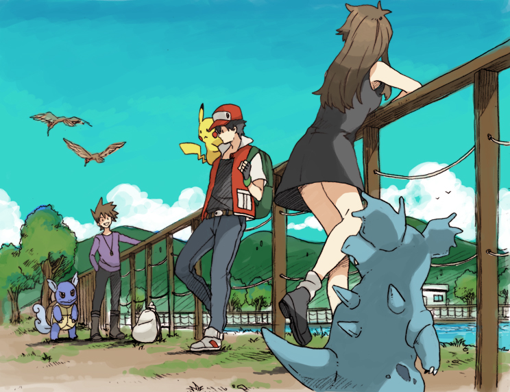 1girl, 2boys, bare_legs, black_hair, blue_(pokemon), blue_(pokemon)_(classic), fingerless_gloves, gloves