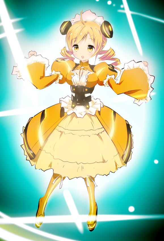 ahoge, blonde_hair, cosplay, dress, drill_hair, mahou_shoujo_madoka_magica, solo, tomoe_mami