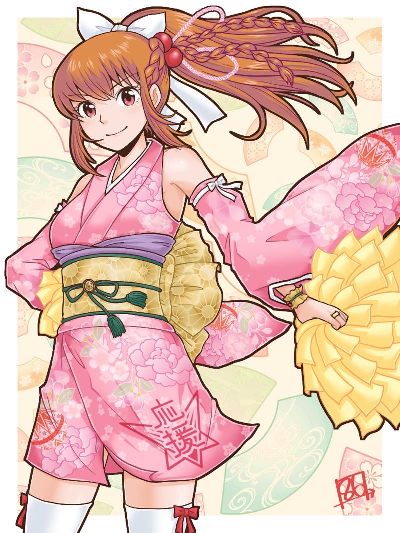 amemiya_sayaka, armpits, brown_hair, cheerleader, detached_sleeves, hair_bobbles, hair_ornament, hair_ribbon