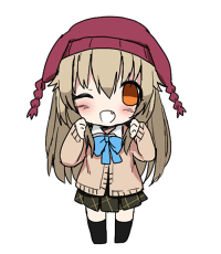 1girl, blush, brown_hair, chibi, erubo, happy, hat, irina_kafelnikov, long_hair, lowres, open_mouth, orange_eyes, original, plaid, plaid_skirt, school_uniform, simple_background, skirt, solo, white_background, wink
