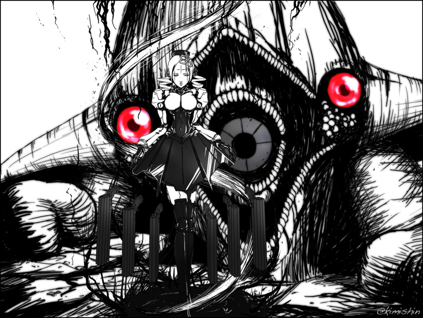 1girl, blame!, kimishin, kyubey, long_hair, looking_at_viewer, mahou_shoujo_madoka_magica, monochrome