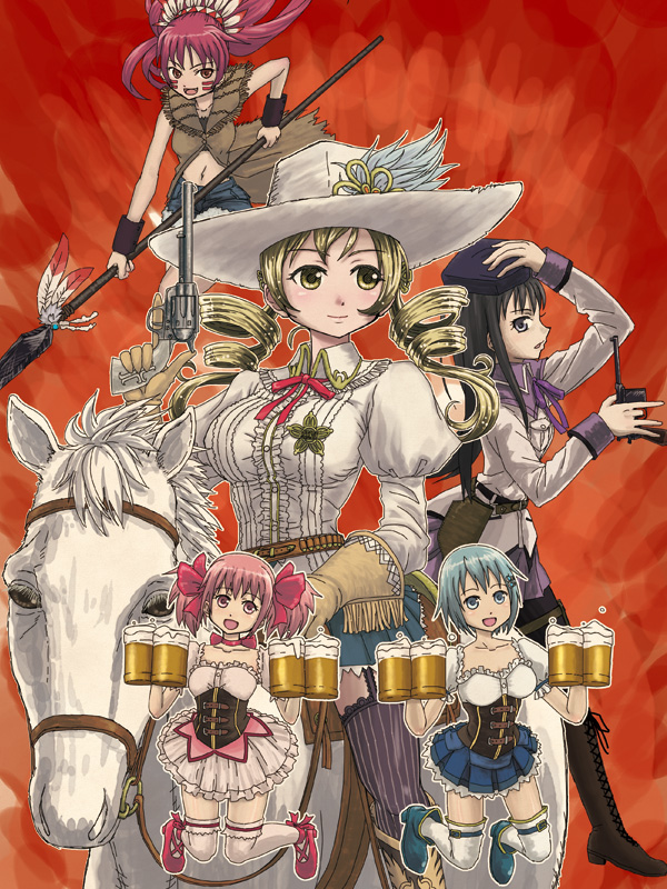 5girls, adapted_costume, akemi_homura, beer, blue_eyes, blue_hair, breasts, fringe