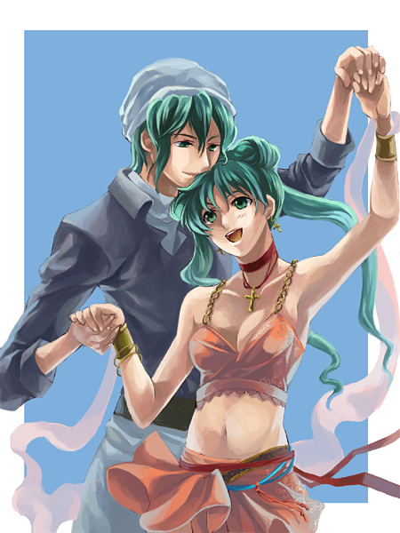 1girl, alec_(fire_emblem), armpits, bracelet, breasts, choker, cleavage, couple, cross, dancer, dancing, dancing_clothes, fire_emblem, fire_emblem:_seisen_no_keifu, fire_emblem_genealogy_of_the_holy_war, green_eyes, green_hair, hair_bun, hand_holding, holding_hands, jewelry, kaito_(sawayakasawaday), levin, long_hair, midriff, navel, necklace, pendant, ribbon, sawayakasawaday, sylvia, sylvia_(fire_emblem), twintails