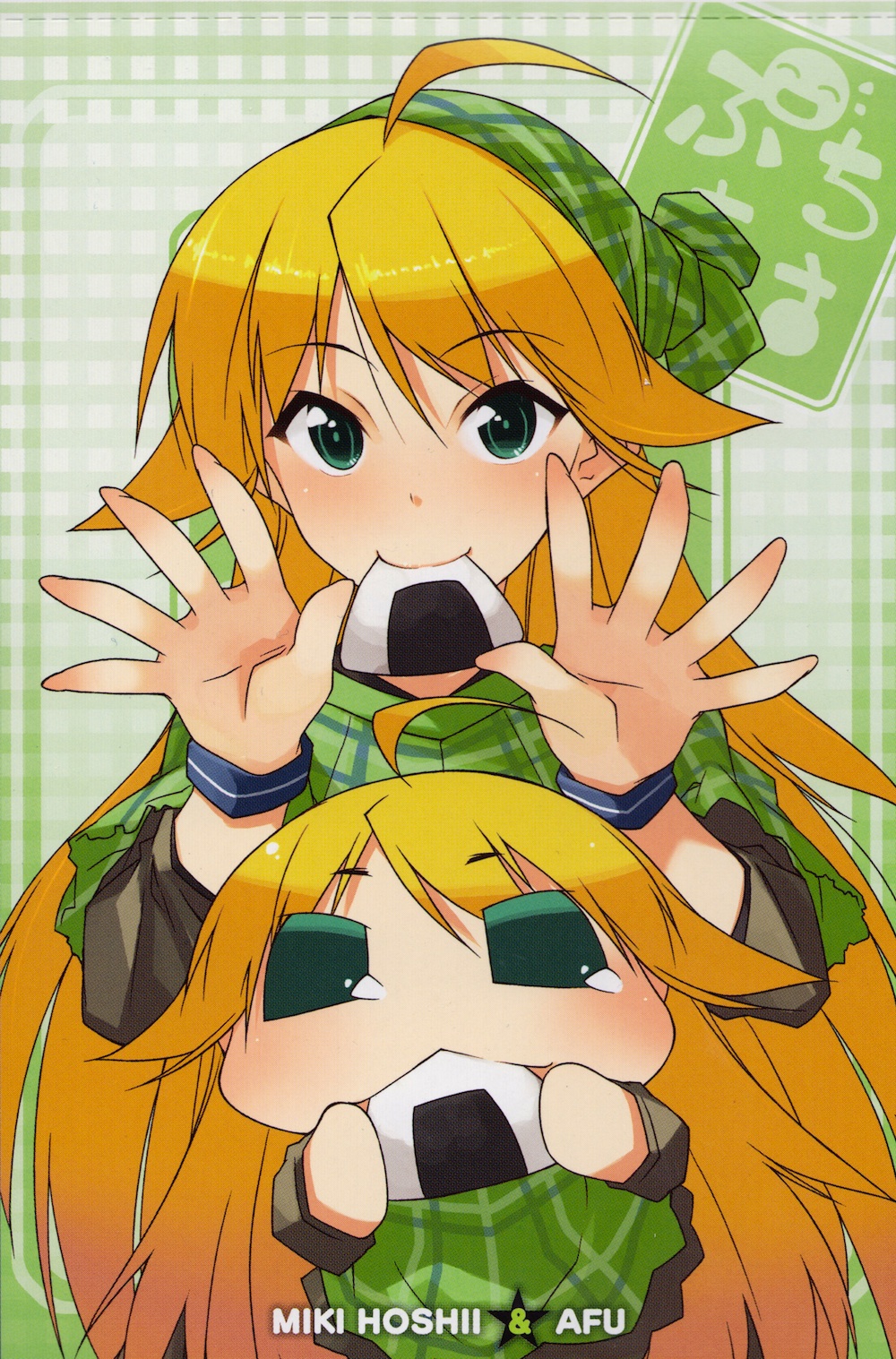 1girl, afuu, ahoge, akane_yuki, blonde_hair, chibi, food, green_eyes