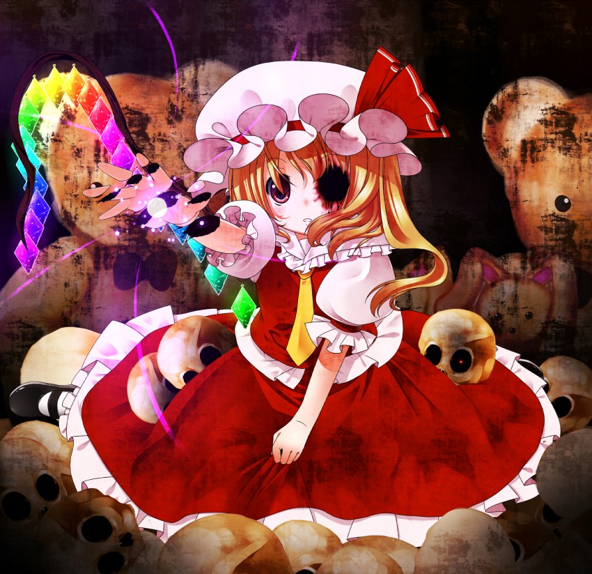 1girl, blonde_hair, blood, bones, child, creepy, dress, eye_socket