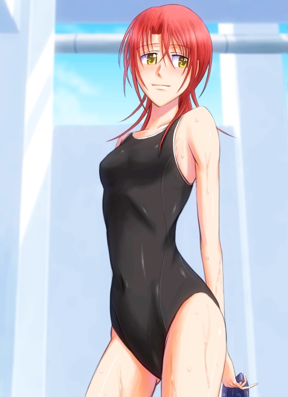1girl, bonnie_(rsg), competition_swimsuit, hino_kahoko, la_corda_d'oro, one-piece_swimsuit, redhead, short_hair, swimsuit, yellow_eyes