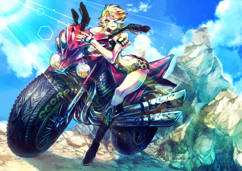 1girl, araki_(bouncer), ass, blonde_hair, boots, fingerless_gloves, gloves, green_eyes