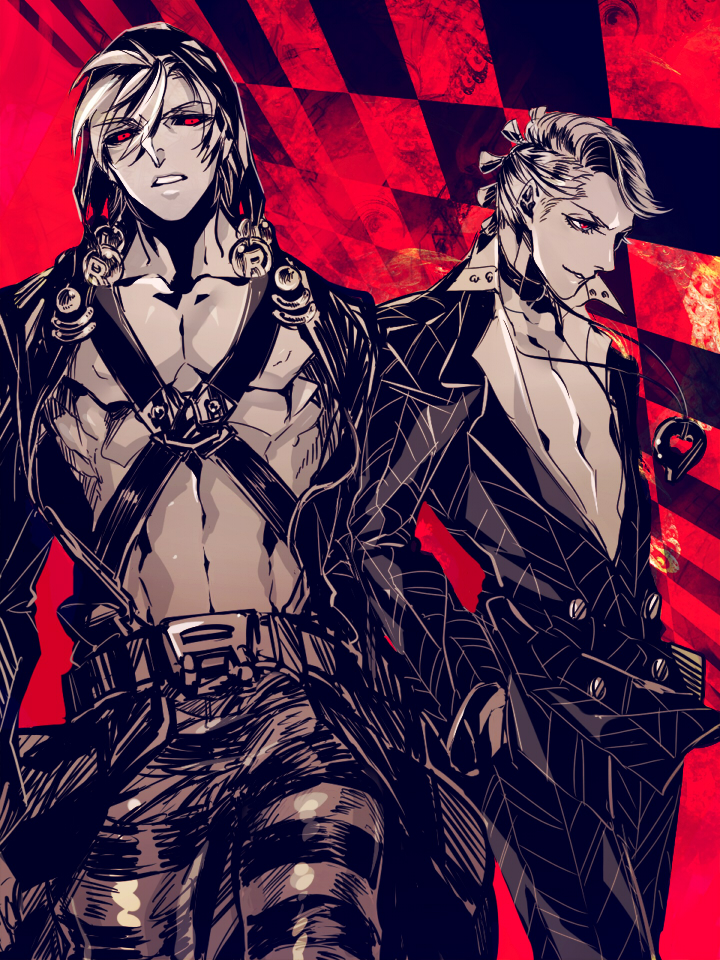 2boys, araki_(bouncer), black_sclera, formal, hat, jewelry, jojo_no_kimyou_na_bouken, multiple_boys