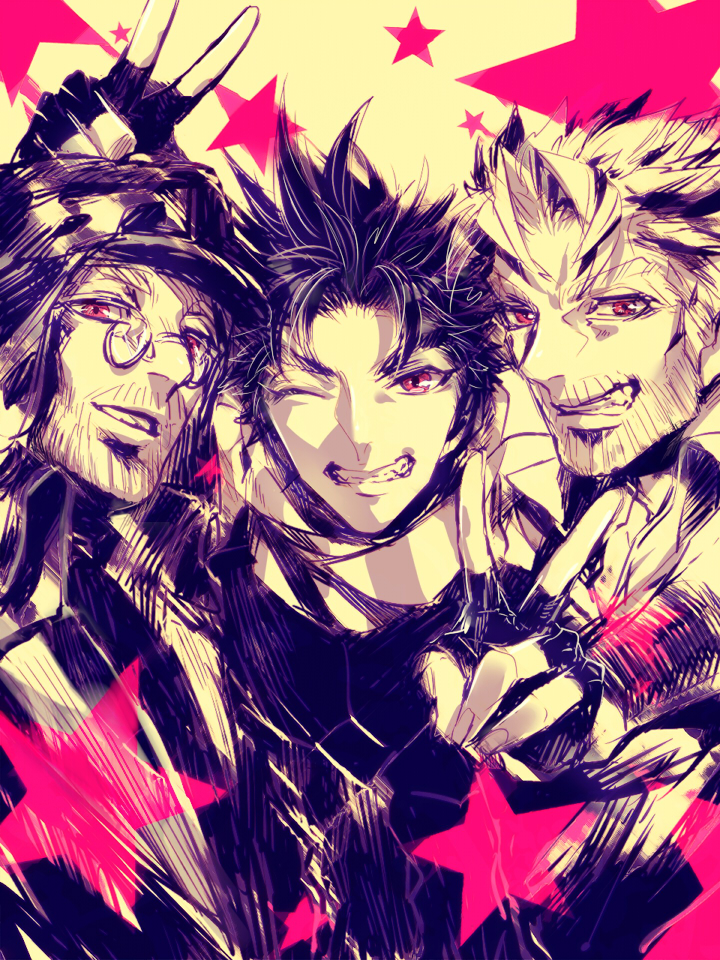 3boys, araki_(bouncer), beard, double_v, facial_hair, glasses, hat, jojo_no_kimyou_na_bouken
