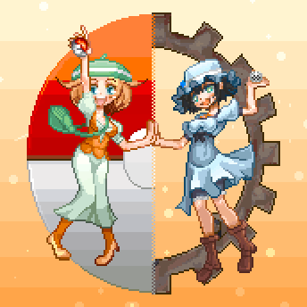2girls, :d, arm_up, bag, bel_(pokemon), black_hair, blonde_hair, blue_dress