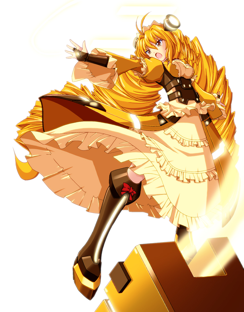 1girl, blonde_hair, breasts, chouzetsu_yarou, dress, drill_hair, frills, fusion