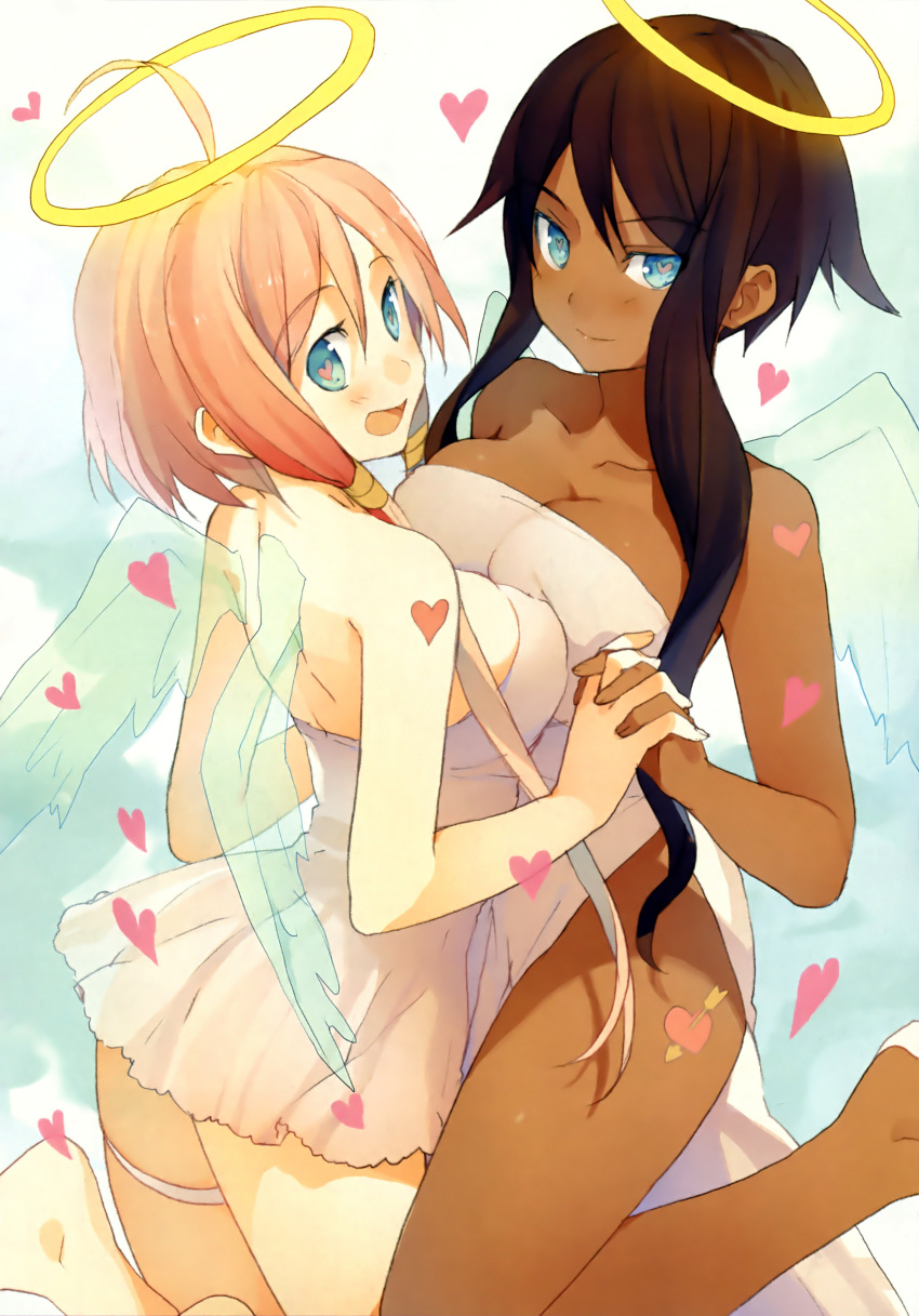 2girls, absurdres, ahoge, akinashi_yuu, angel, bare_legs, bare_shoulders, blue_eyes, breasts, brown_hair, cleavage, dark_skin, dress, halo, heart, heart-shaped_pupils, highres, interlocked_fingers, looking_at_viewer, looking_back, minidress, multiple_girls, original, payot, pink_hair, ribbon, scan, short_hair, smile, symbol-shaped_pupils, tattoo, thigh_ribbon, white_dress, wings