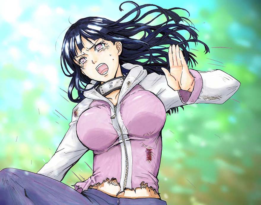 1girl, angry, black_hair, blood, breasts, hyuuga_hinata, injury, large_breasts, long_hair, naruto, naruto_shippuuden, open_mouth, pants, solo, torn_clothes, torn_shirt, veins, violet_eyes, yrk_yuriko