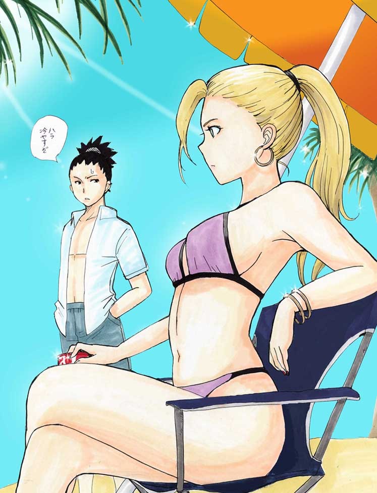 1boy, 1girl, beach, bikini, black_hair, blonde_hair, blue_eyes, bracelet