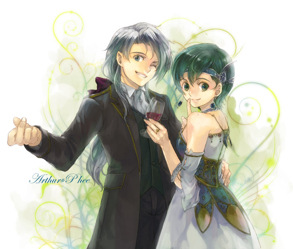1girl, arthur_(fire_emblem), bare_shoulders, couple, cup, detached_sleeves, dress, earrings