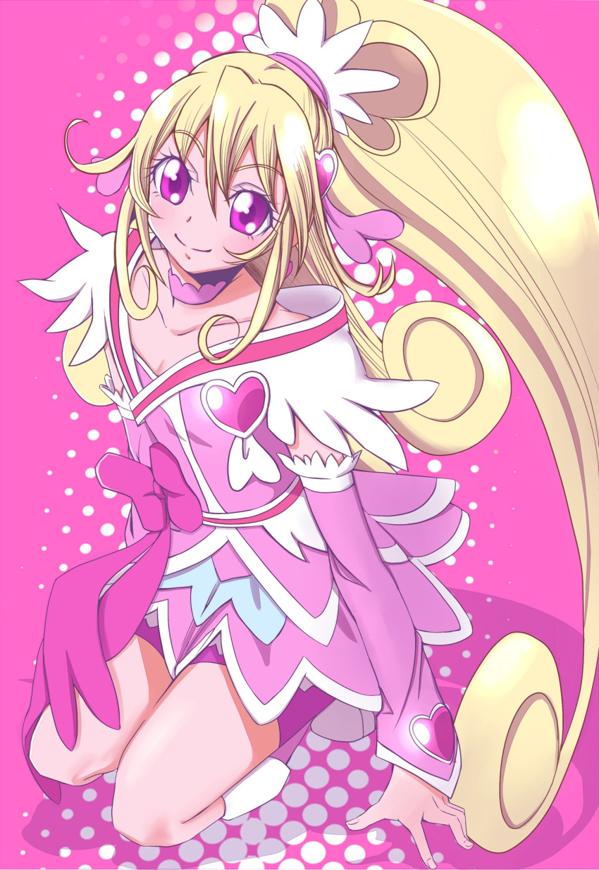 1girl, aida_mana, amawa_kazuhiro, bare_shoulders, bike_shorts, blonde_hair, choker, cure_heart