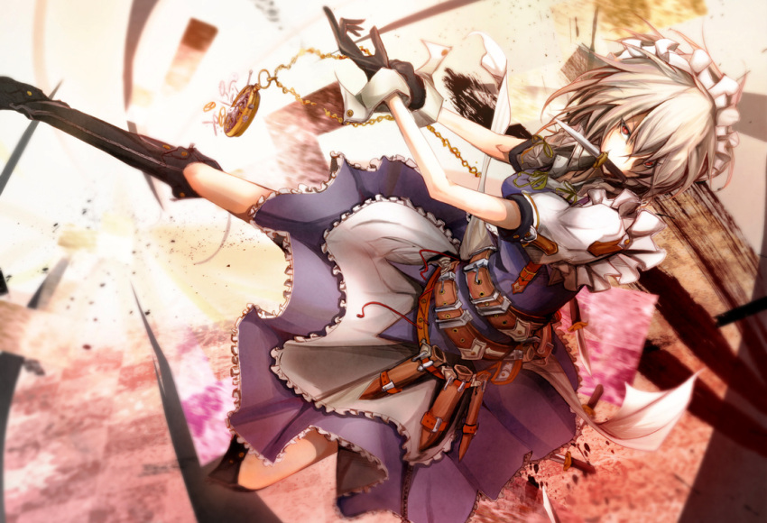 1girl, apron, belt, black_gloves, blue_dress, boots, dress, gloves, holster, izayoi_sakuya, looking_at_viewer, maid, maid_headdress, mouth_hold, pocket_watch, puffy_sleeves, red_eyes, shirt, short_hair, silver_hair, solo, toufu_koubou, touhou, waist_apron, watch, wrist_cuffs