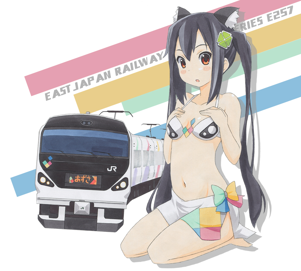 1girl, animal_ears, bikini, black_hair, brown_eyes, cat_ears, hair_ornament, japan_railways