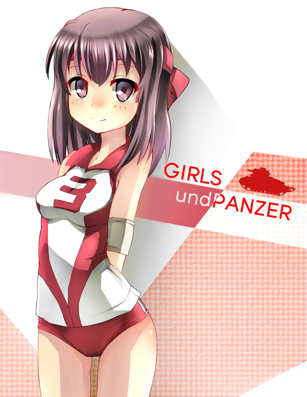arms_behind_back, brown_eyes, brown_hair, buruma, elbow_pads, girls_und_panzer, headband, kondou_taeko, military, military_vehicle, short_hair, single_vertical_stripe, sleeveless, sleeveless_shirt, smile, standing, tank, unomi, vehicle, volleyball_uniform