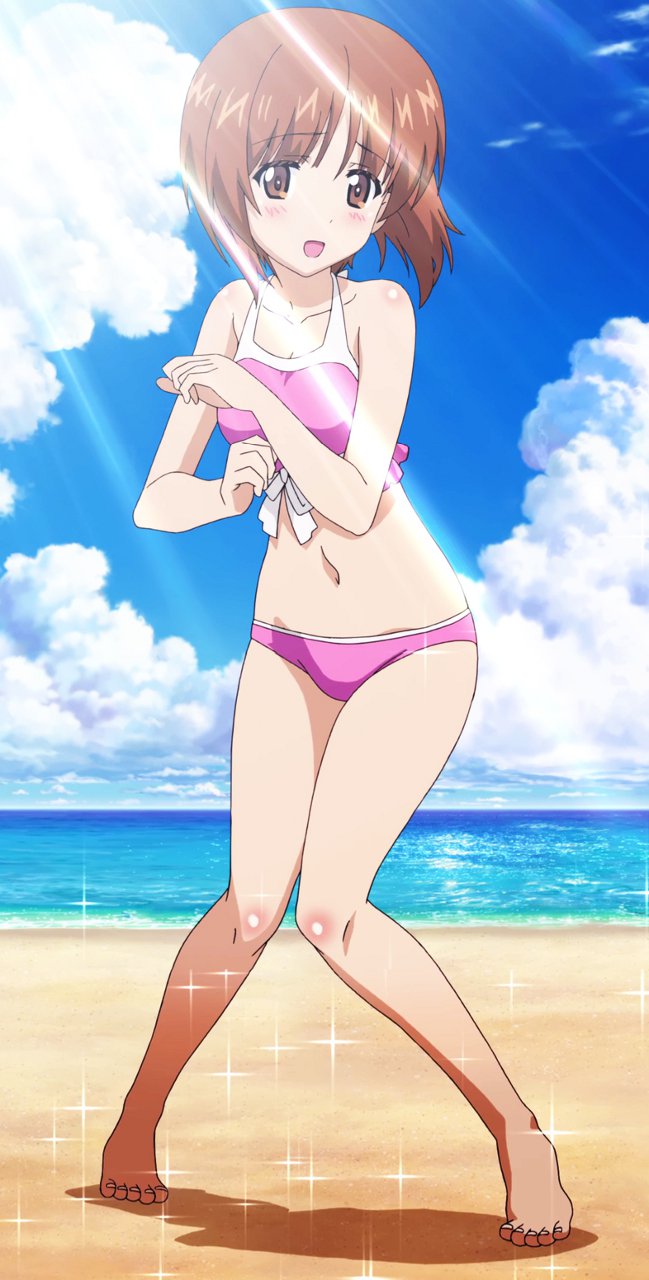 1girl, beach, bikini, blush, brown_eyes, brown_hair, clouds, girls_und_panzer, looking_at_viewer, nishizumi_miho, ocean, open_mouth, pink_bikini, radeon-hd5770x2, short_hair, sky, smile, standing, swimsuit