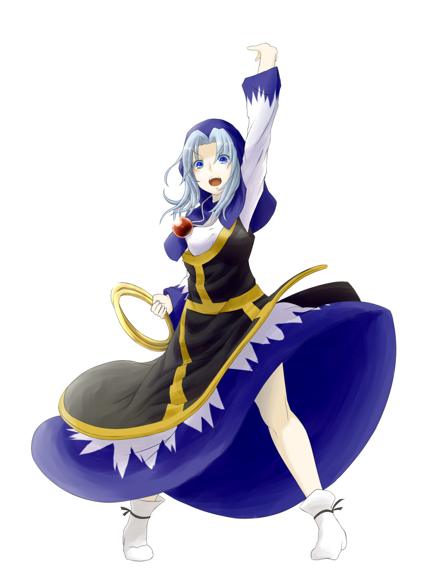 1girl, arm_raised, blue_eyes, blue_hair, blush, breasts, dress, full_body
